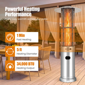 Outdoor Propane Patio Heater with Glass Tube and Tilt-Over Protection-Silver