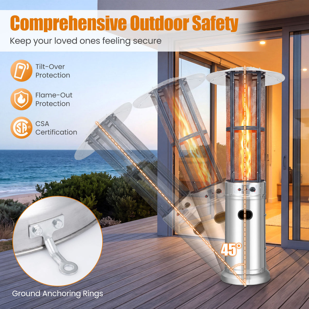 Outdoor Propane Patio Heater with Glass Tube and Tilt-Over Protection-Silver