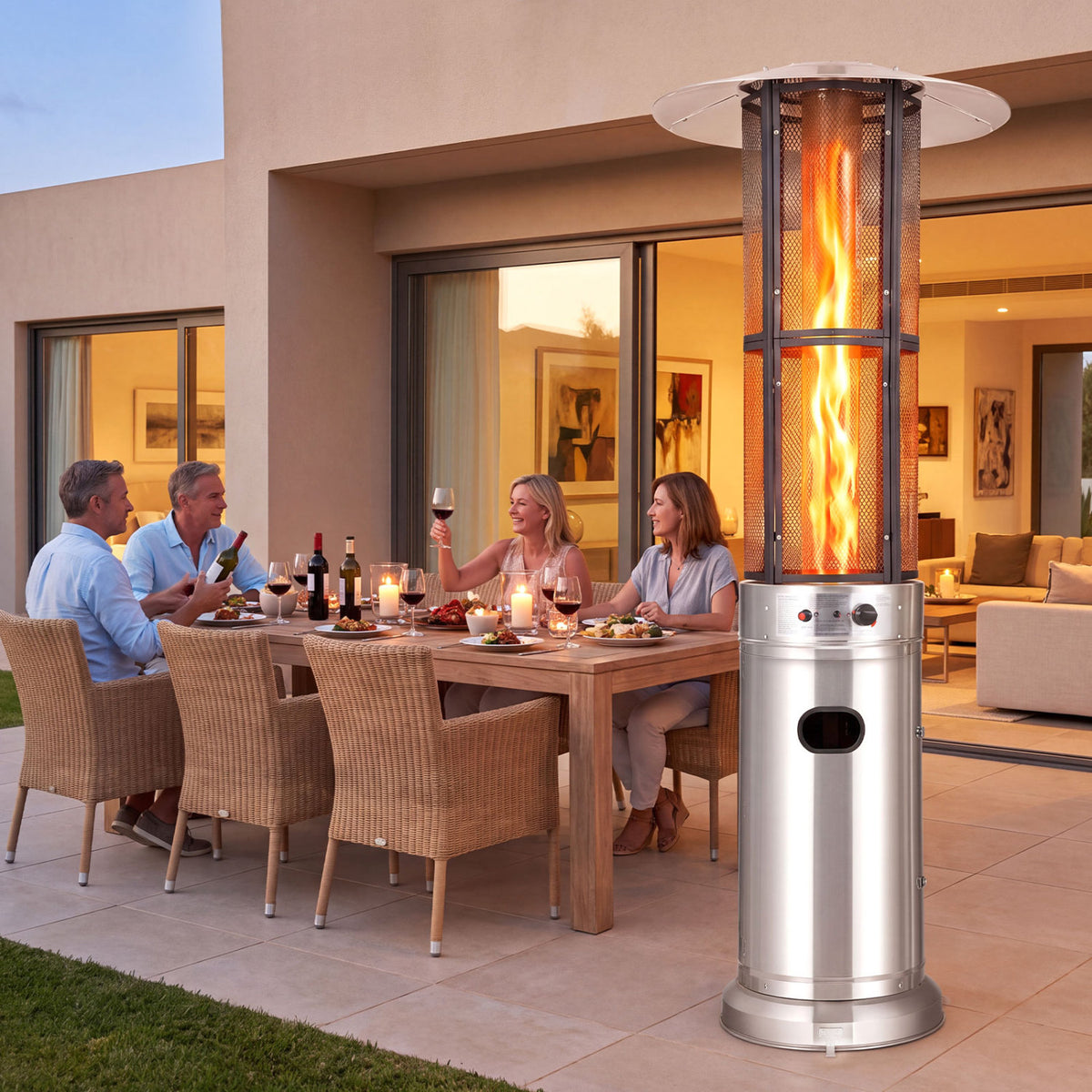 Outdoor Propane Patio Heater with Glass Tube and Tilt-Over Protection-Silver