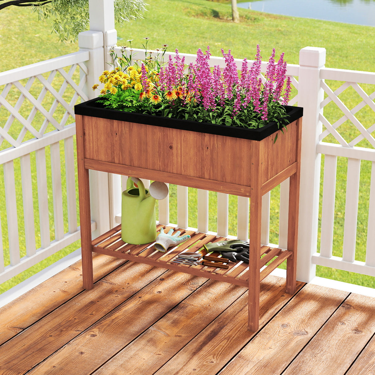 Outdoor Raised Garden Bed Fir Wood Planter Box with Bottom Storage Shelf and Protective Liner-Brown