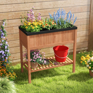 Outdoor Raised Garden Bed Fir Wood Planter Box with Bottom Storage Shelf and Protective Liner-Brown