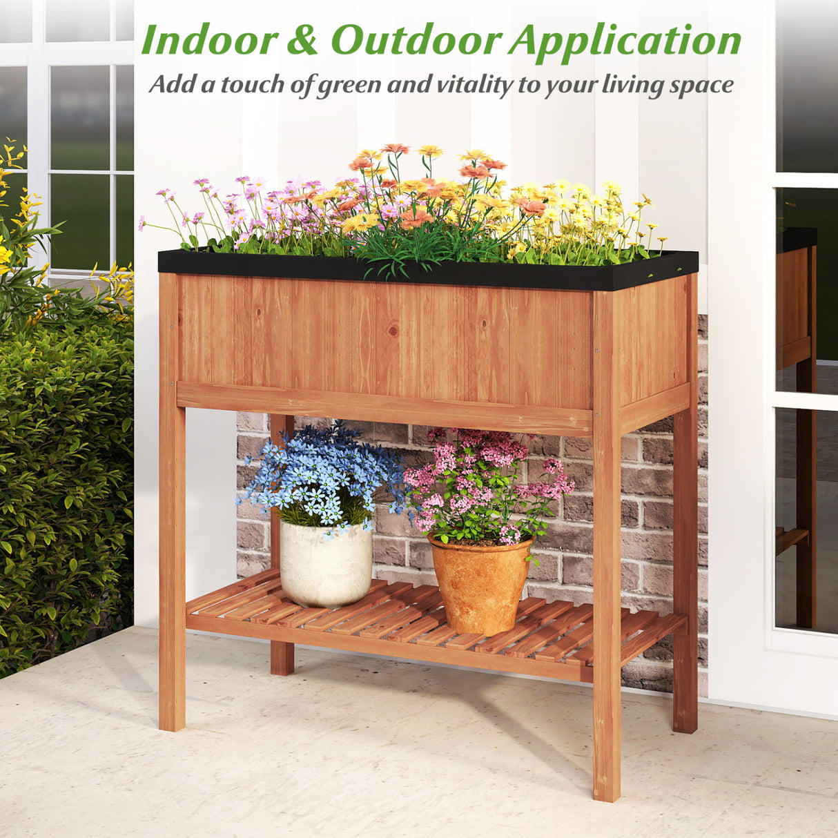 Outdoor Raised Garden Bed Fir Wood Planter Box with Bottom Storage Shelf and Protective Liner-Brown