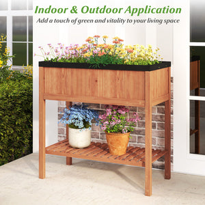 Outdoor Raised Garden Bed Fir Wood Planter Box with Bottom Storage Shelf and Protective Liner-Brown