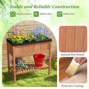 Outdoor Raised Garden Bed Fir Wood Planter Box with Bottom Storage Shelf and Protective Liner-Brown
