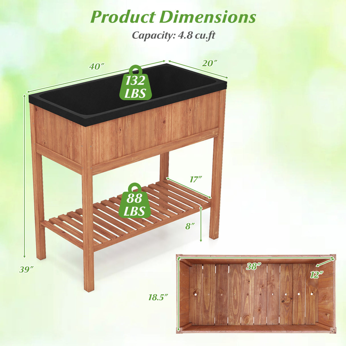 Outdoor Raised Garden Bed Fir Wood Planter Box with Bottom Storage Shelf and Protective Liner-Brown
