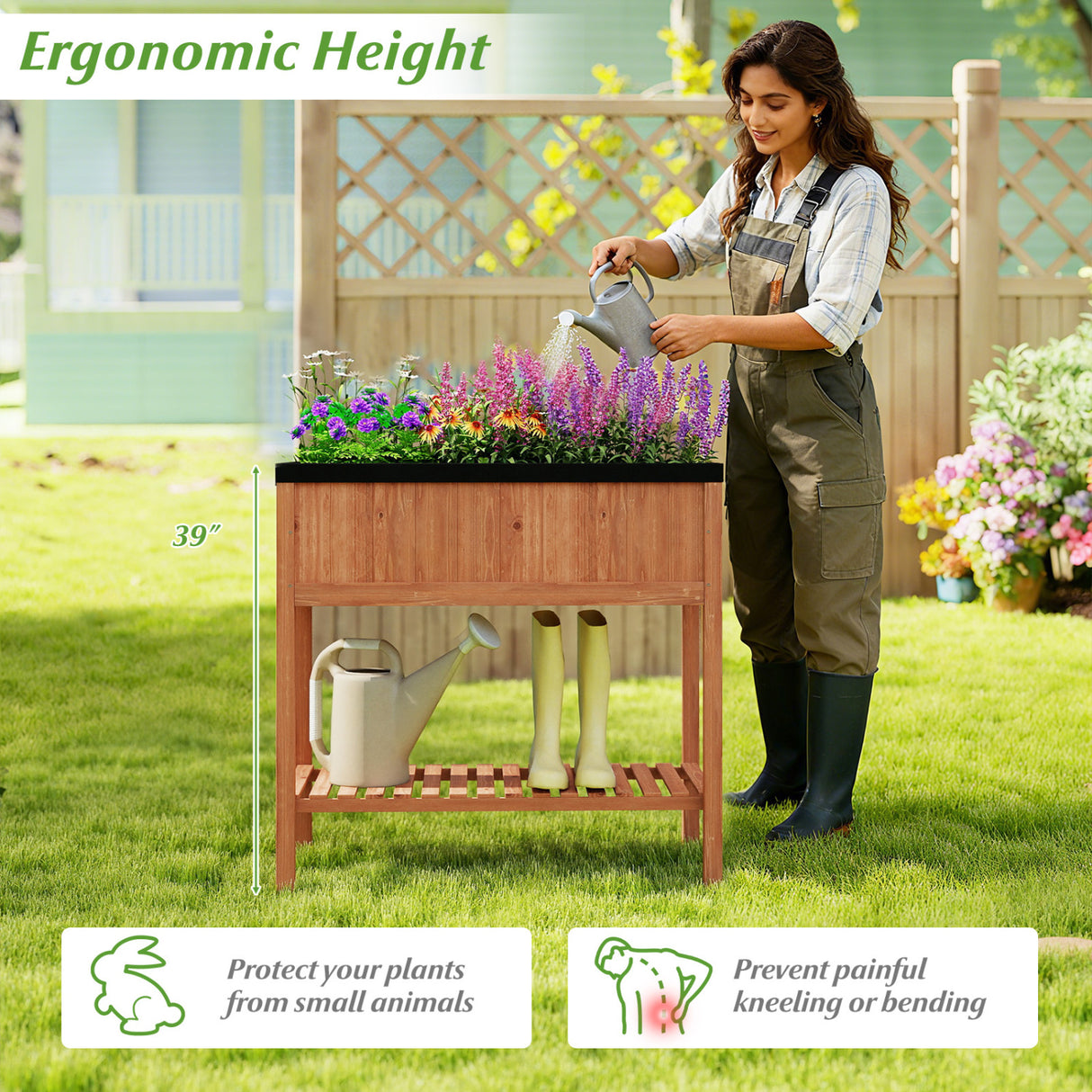 Outdoor Raised Garden Bed Fir Wood Planter Box with Bottom Storage Shelf and Protective Liner-Brown