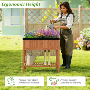 Outdoor Raised Garden Bed Fir Wood Planter Box with Bottom Storage Shelf and Protective Liner-Brown