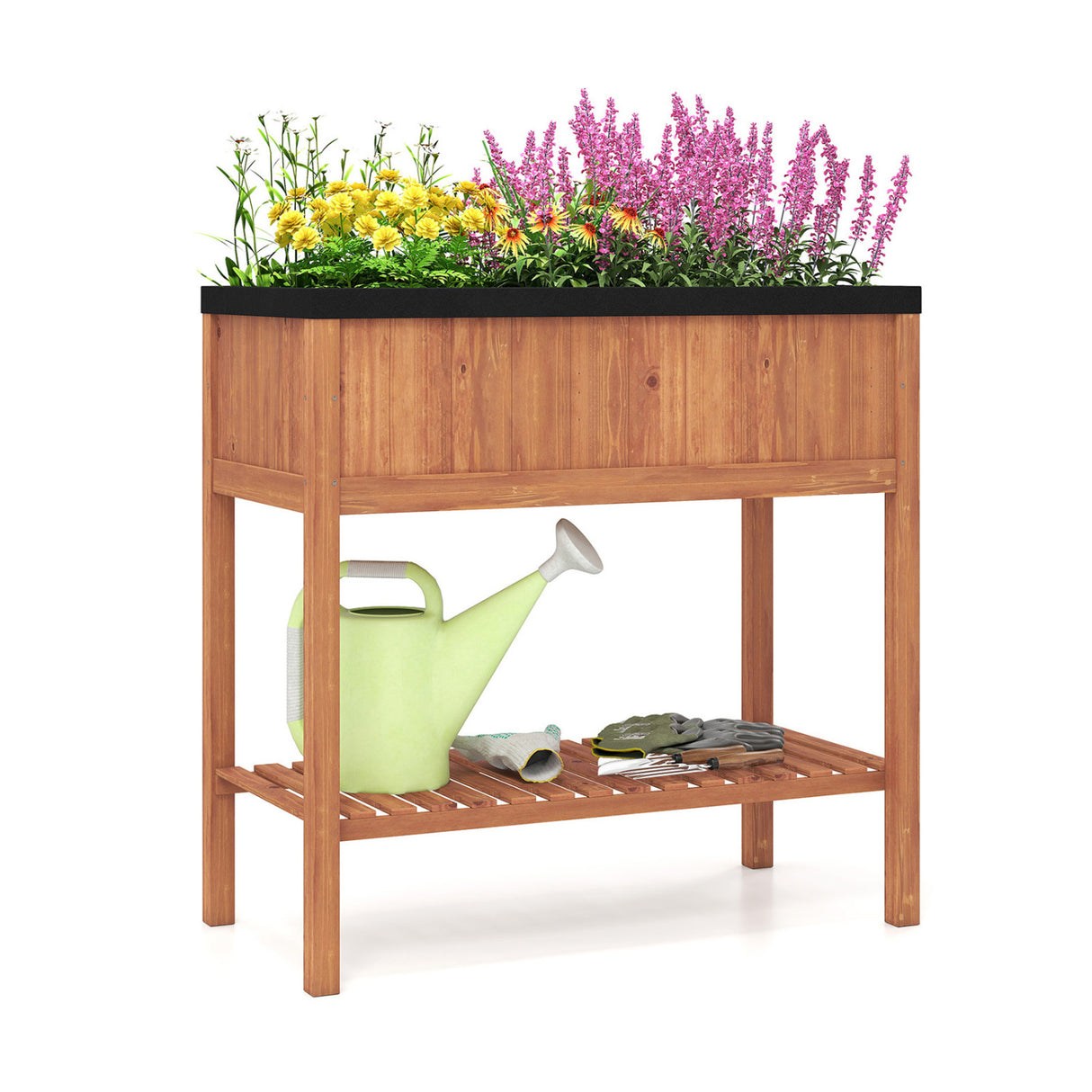 Outdoor Raised Garden Bed Fir Wood Planter Box with Bottom Storage Shelf and Protective Liner-Brown