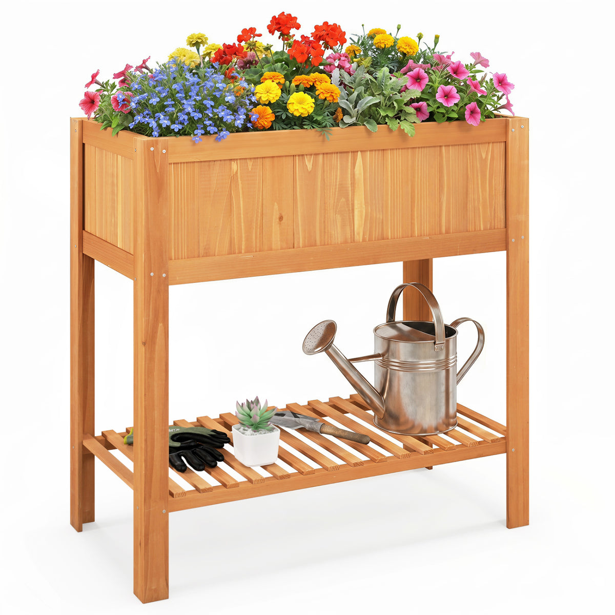 Outdoor Raised Garden Bed Fir Wood Planter Box with Bottom Storage Shelf and Protective Liner-Orange