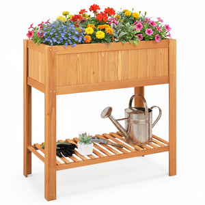 Outdoor Raised Garden Bed Fir Wood Planter Box with Bottom Storage Shelf and Protective Liner-Orange