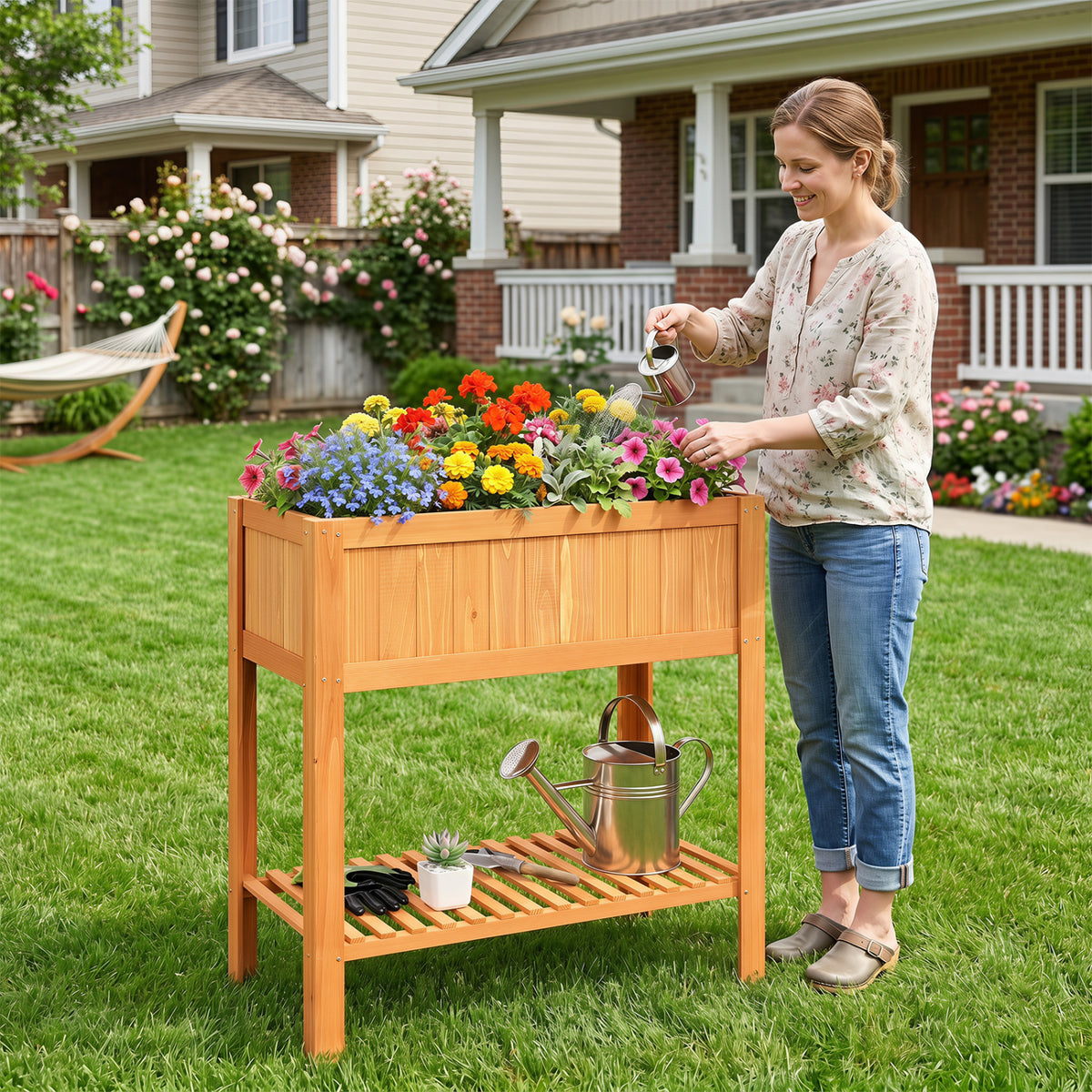 Outdoor Raised Garden Bed Fir Wood Planter Box with Bottom Storage Shelf and Protective Liner-Orange