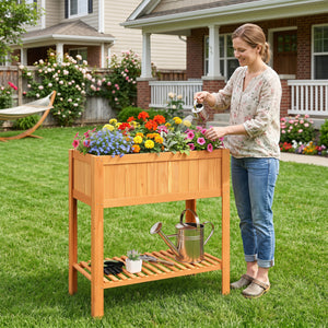 Outdoor Raised Garden Bed Fir Wood Planter Box with Bottom Storage Shelf and Protective Liner-Orange