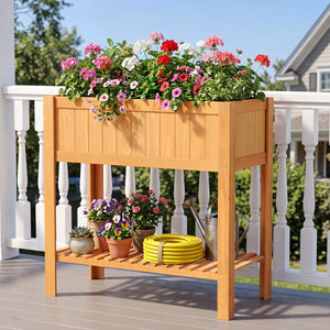 Outdoor Raised Garden Bed Fir Wood Planter Box with Bottom Storage Shelf and Protective Liner-Orange