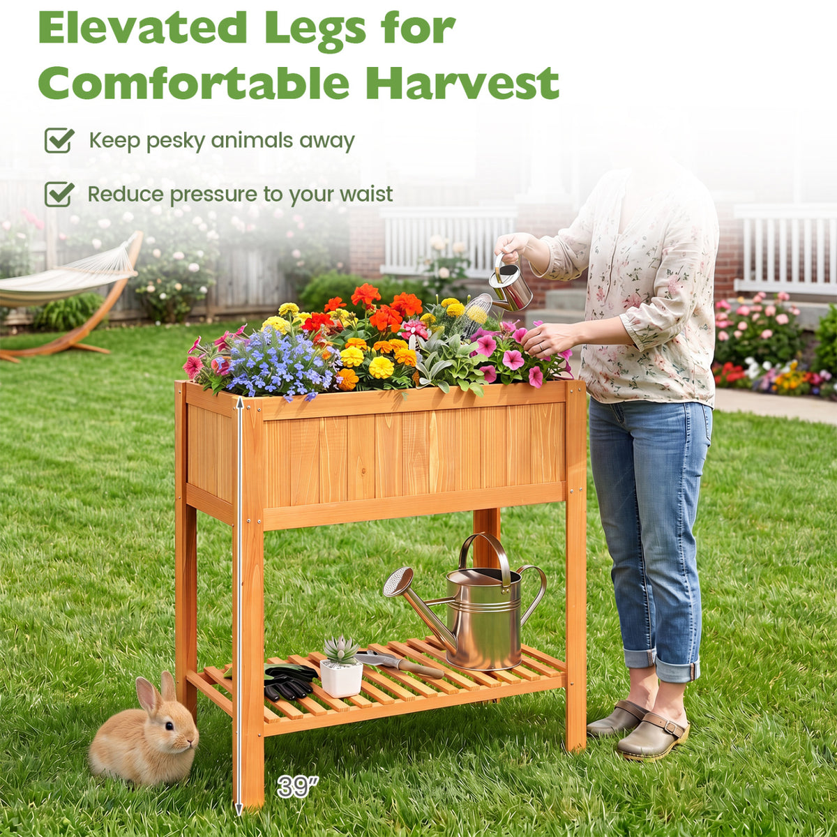 Outdoor Raised Garden Bed Fir Wood Planter Box with Bottom Storage Shelf and Protective Liner-Orange