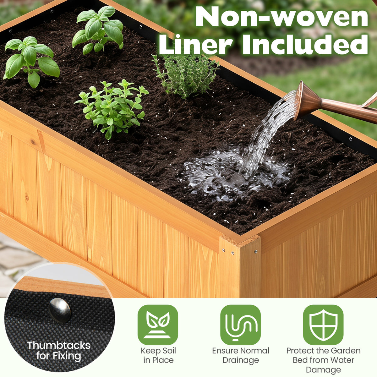 Outdoor Raised Garden Bed Fir Wood Planter Box with Bottom Storage Shelf and Protective Liner-Orange