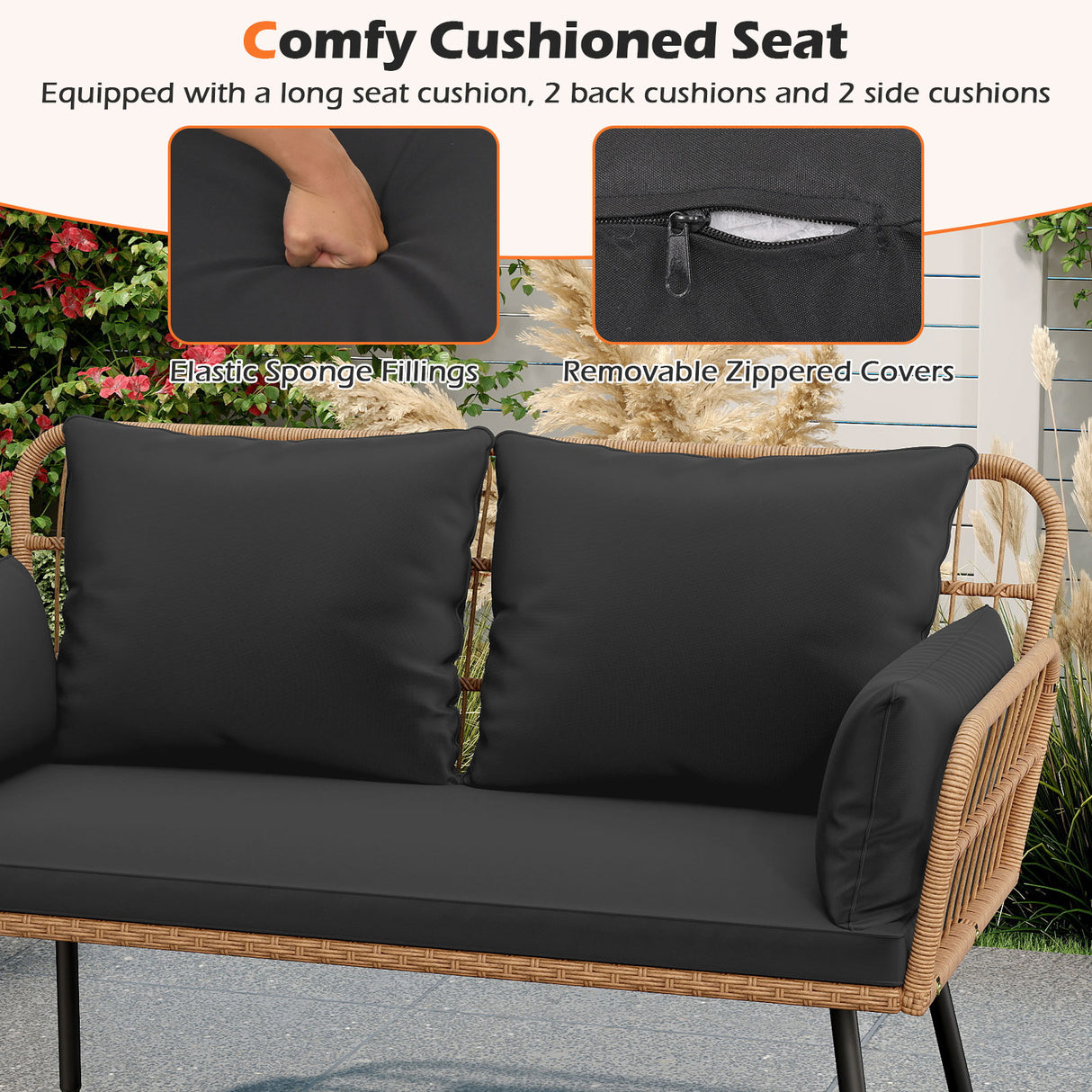 Outdoor Rattan 2-Seat Chair with Seat Back Cushions and Heavy-Duty Metal Legs-Black