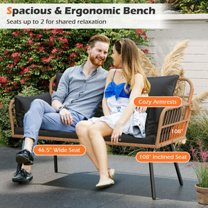 Outdoor Rattan 2-Seat Chair with Seat Back Cushions and Heavy-Duty Metal Legs-Black