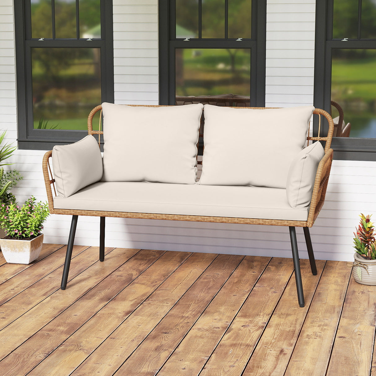 Outdoor Rattan 2-Seat Chair with Seat Back Cushions and Heavy-Duty Metal Legs-White