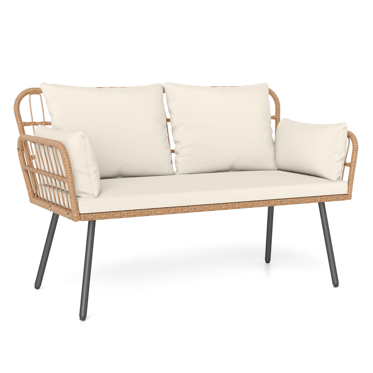 Outdoor Rattan 2-Seat Chair with Seat Back Cushions and Heavy-Duty Metal Legs-White
