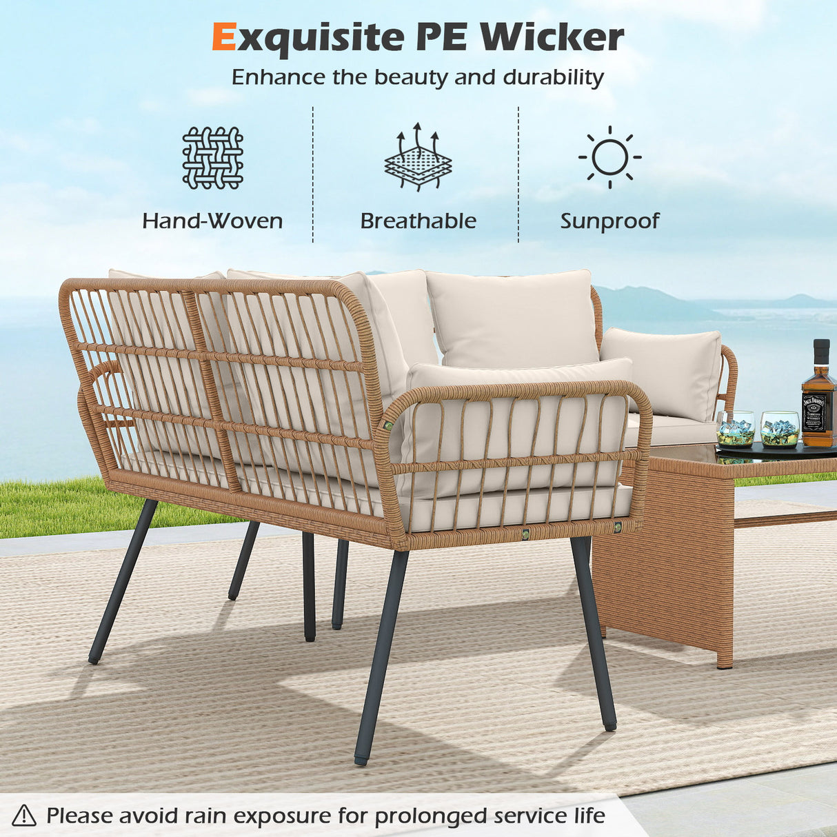 Outdoor Rattan 2-Seat Chair with Seat Back Cushions and Heavy-Duty Metal Legs-White