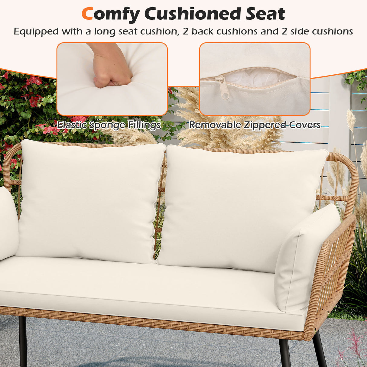 Outdoor Rattan 2-Seat Chair with Seat Back Cushions and Heavy-Duty Metal Legs-White