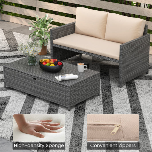 Outdoor Rattan Daybed Wicker Loveseat and 31 Gallon Storage Ottoman-Brown