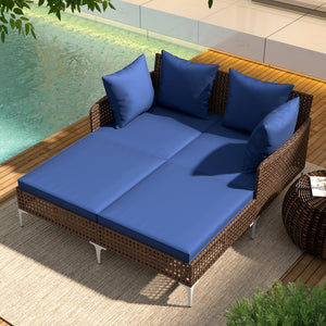 Outdoor Rattan Double Daybed Wicker Chaise Lounge-Navy