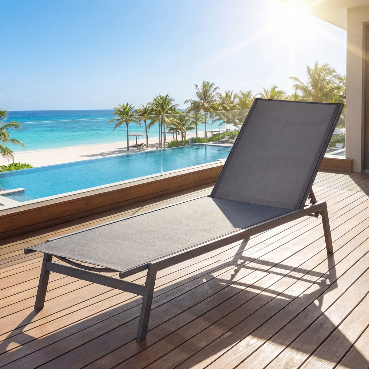 Outdoor Reclining Chaise Lounge Chair with 6-Position Adjustable Back-Gray