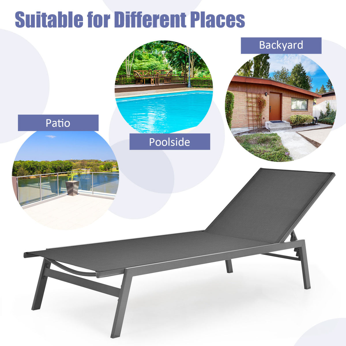 Outdoor Reclining Chaise Lounge Chair with 6-Position Adjustable Back-Gray