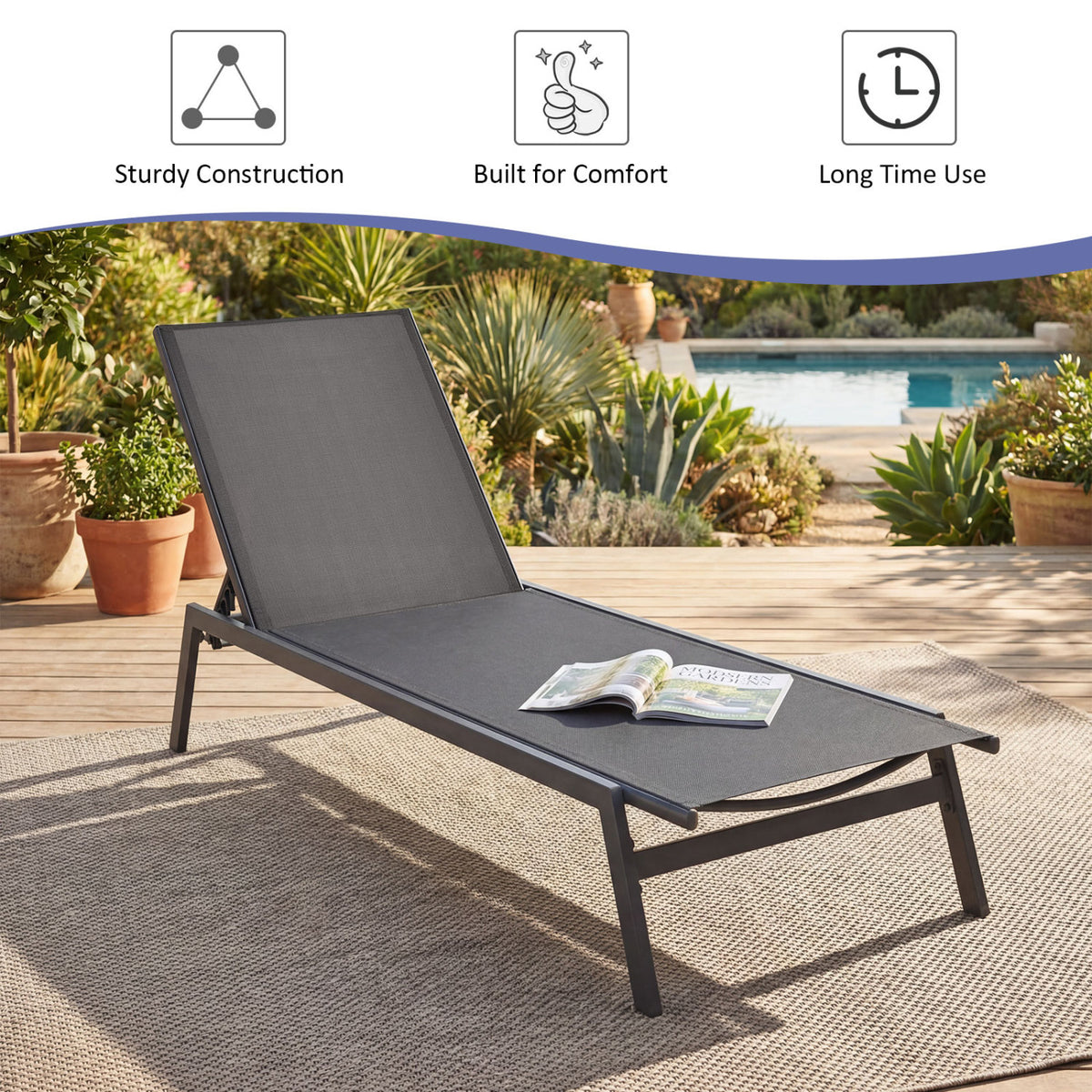 Outdoor Reclining Chaise Lounge Chair with 6-Position Adjustable Back-Gray