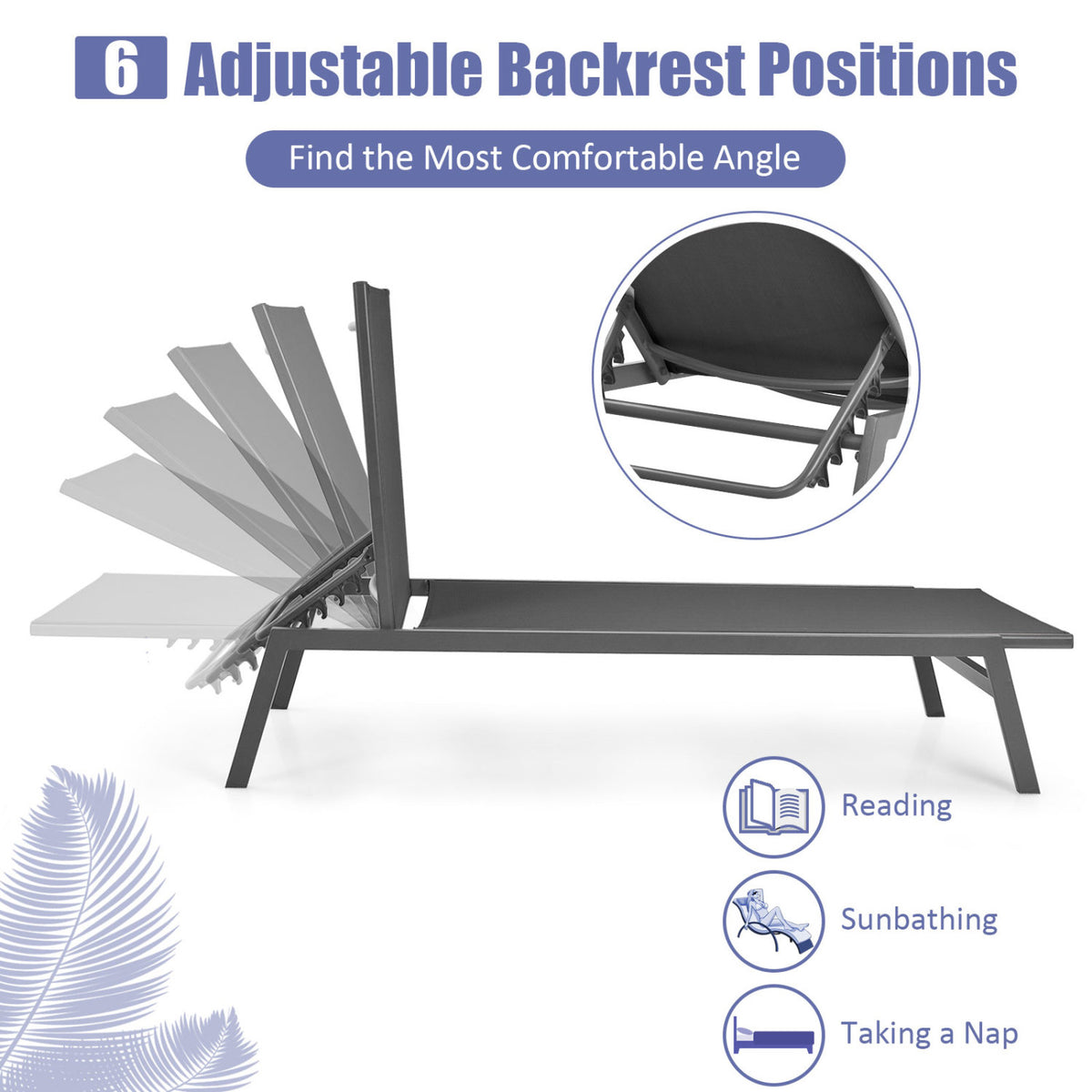 Outdoor Reclining Chaise Lounge Chair with 6-Position Adjustable Back-Gray
