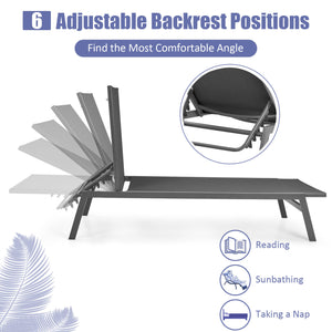 Outdoor Reclining Chaise Lounge Chair with 6-Position Adjustable Back-Gray