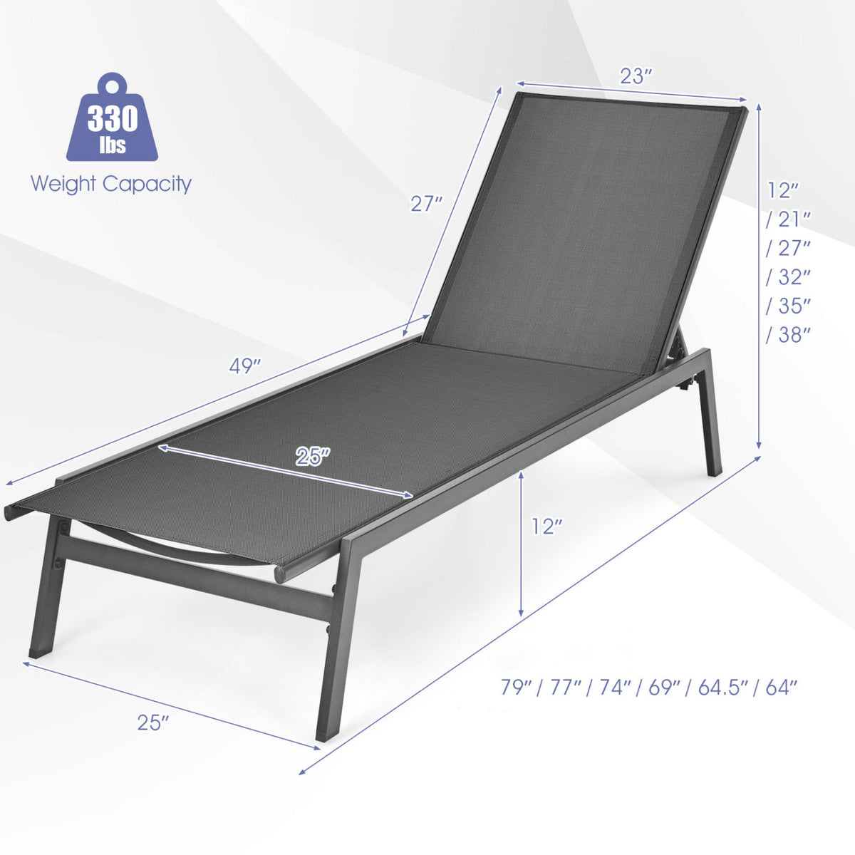 Outdoor Reclining Chaise Lounge Chair with 6-Position Adjustable Back-Gray