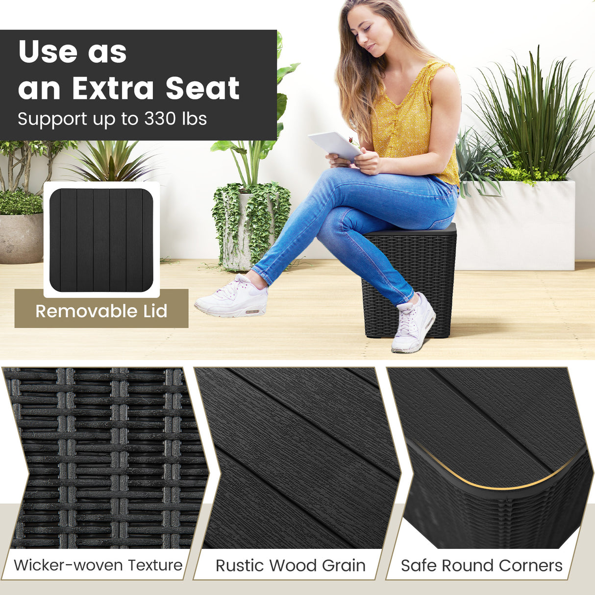 Outdoor Resin Storage Side Table with Removable Lid and Wicker-woven Accent-Black