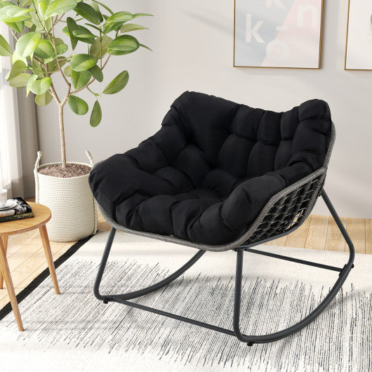 Outdoor Rocking Chair Oversized Patio PE Wicker Egg Chair with Cushion-Black