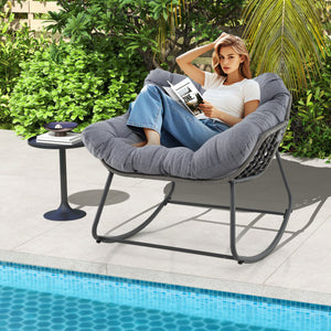 Outdoor Rocking Chair Oversized Patio PE Wicker Egg Chair with Cushion-Gray