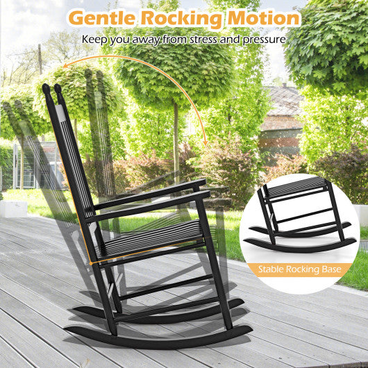 High-Back Acacia Wood Outdoor Rocking Chair with Solid Rocking Base-Black