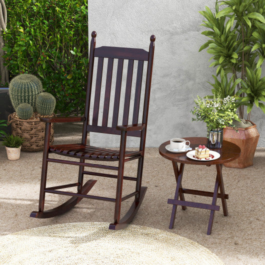 High-Back Acacia Wood Outdoor Rocking Chair with Solid Rocking Base-Brown