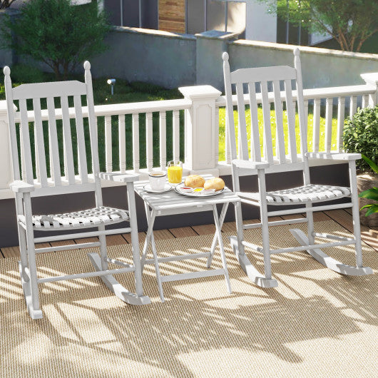 High-Back Acacia Wood Outdoor Rocking Chair with Solid Rocking Base-White