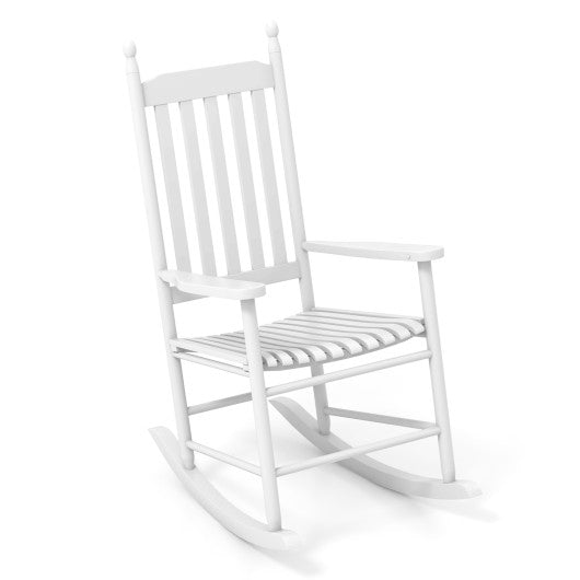 High-Back Acacia Wood Outdoor Rocking Chair with Solid Rocking Base-White