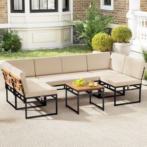 6 Piece Outdoor Sectional Sofa Set Metal Conversation Set with Cushions-Beige