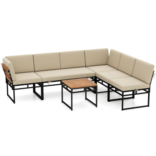 6 Piece Outdoor Sectional Sofa Set Metal Conversation Set with Cushions-Beige