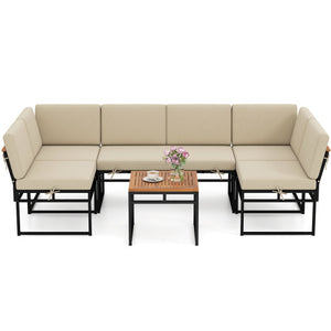 6 Piece Outdoor Sectional Sofa Set Metal Conversation Set with Cushions-Beige