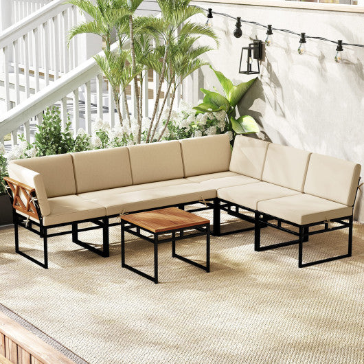 6 Piece Outdoor Sectional Sofa Set Metal Conversation Set with Cushions-Beige