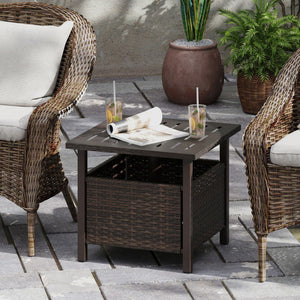 Outdoor Side Table All-Weather PE Wicker Patio Table with Umbrella Hole-Brown