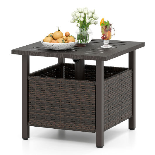Outdoor Side Table All-Weather PE Wicker Patio Table with Umbrella Hole-Brown