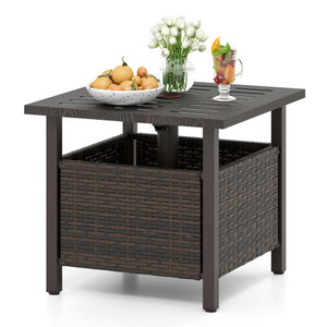 Outdoor Side Table All-Weather PE Wicker Patio Table with Umbrella Hole-Brown
