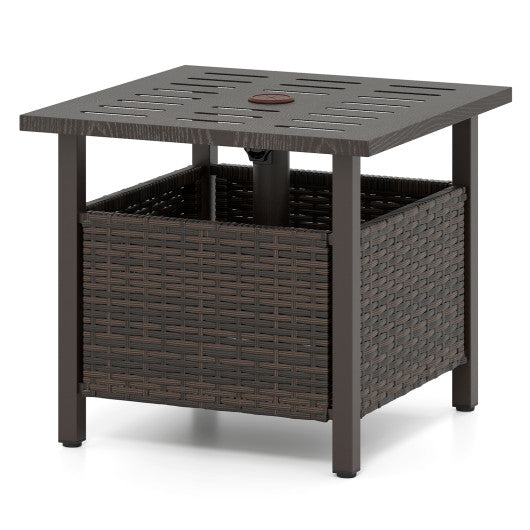 Outdoor Side Table All-Weather PE Wicker Patio Table with Umbrella Hole-Brown