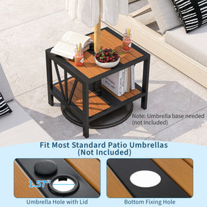 Outdoor Side Table with Umbrella Hole and Storage Shelf for Porch