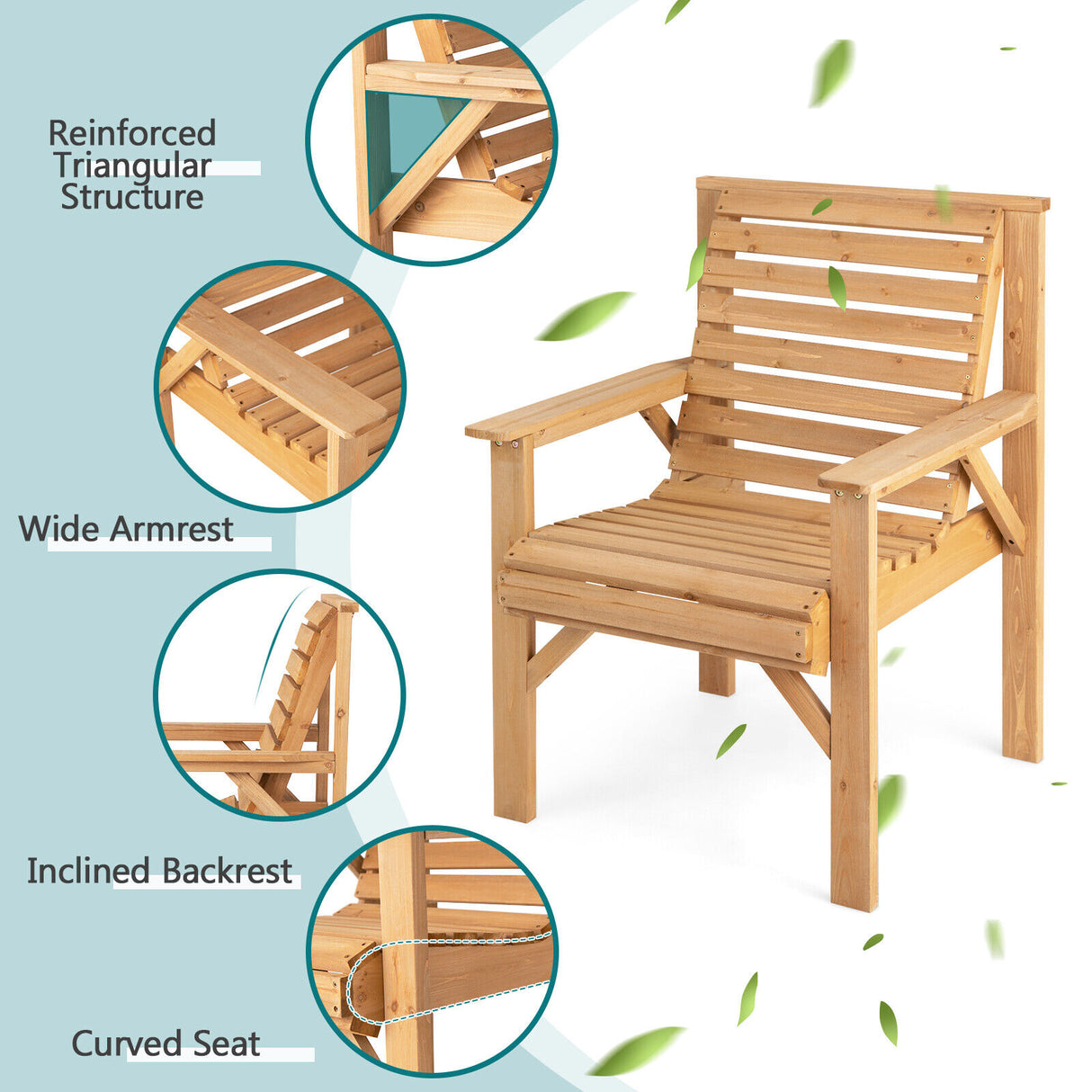 Outdoor Solid Fir Wood Chair with Inclined Backrest